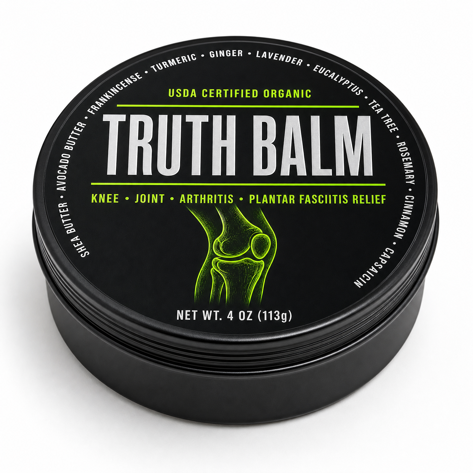 TRUTH BALM organic knee pain and plantar fasciitis relief tin with Frankincense and Capsaicin